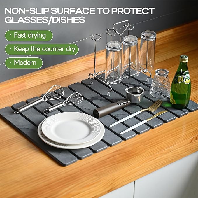 Large Stone Drying Mat for Kitchen Counter, 24''L x 16''W Diatomaceous Earth Collapsible Dish Drying Mat, Quick Drying Mat, Glasses and Flatware, Matches Any Countertop (Veined-B, 24" x 16")