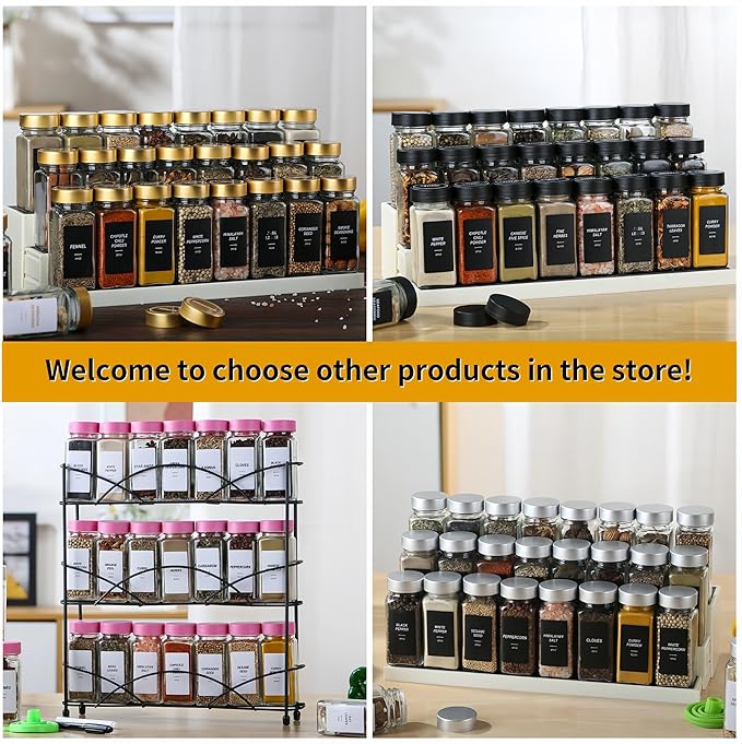 48Pcs Spice Jars Containers with Labels，4oz Black Seasoning Bottles with Shaker Lids for Rack, Cabinet, Drawer,Empty Square Condiment Pots (48, Black)
