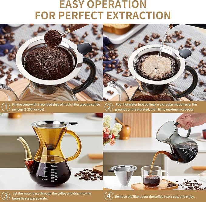 Unbreakable - Pour Over Coffee Maker with Double Stainless Filter 27 fl oz, Thickened Heat-Resistant Borosilicate Glass Pour Over Coffee Dripper, Stovetop Safe