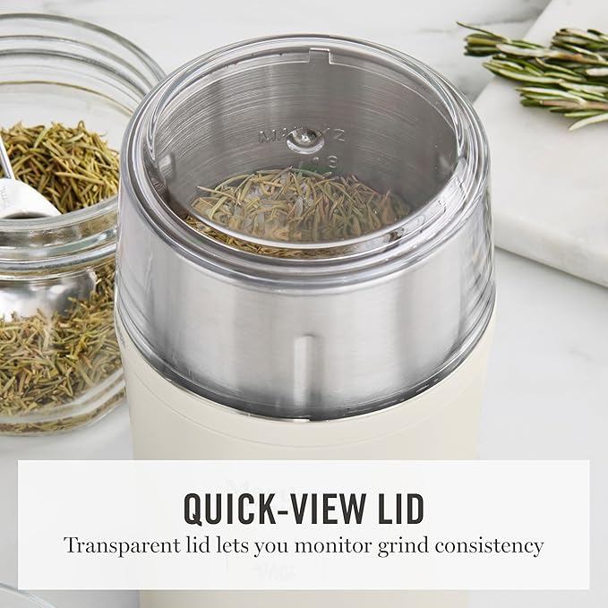 Martha Stewart Electric Coffee & Spice Grinder, Dual 2.5oz Removable Bowls, Storage Lids, Stainless Steel Blades, One Touch Pulse Control, 2-in-1 Compact, Beans & Spices, Herbs & Nuts, Linen White