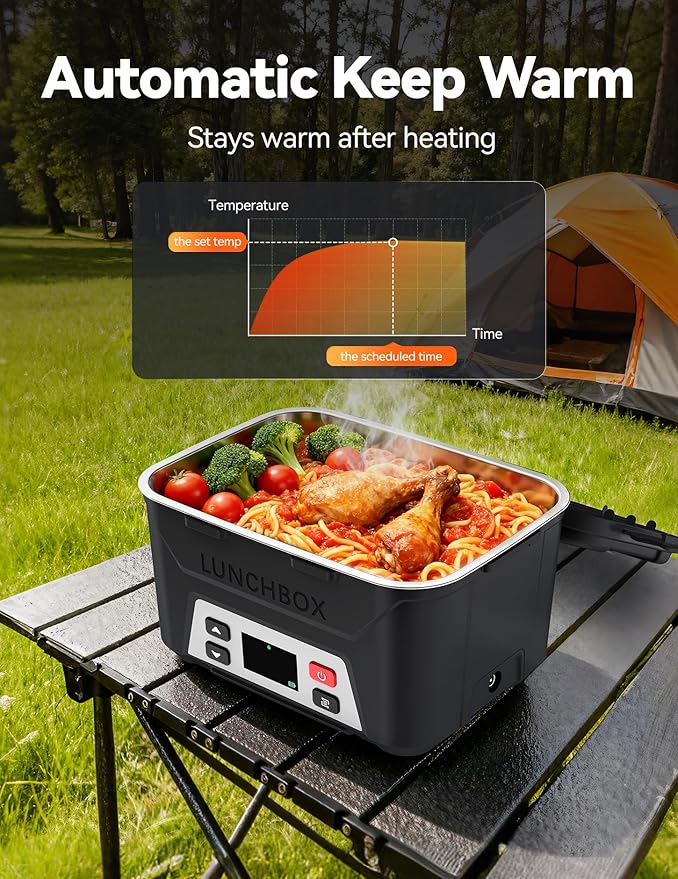 EAST OAK Heated Lunch Box for Men, Electric Lunch Box for Adults, 5.5 Cups Cordless Portable Food Warmer, Rechargeable Self Heating Food Heater with Memory Function, Automatic Keep Warm(Matte Black)
