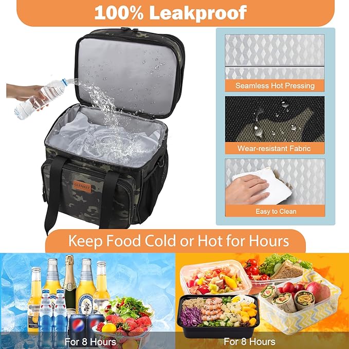 Expandable XLarge Lunch Box, Insulated Heavy Duty Lunch Bag Waterproof Leakproof Durable Cooler Bag for Men Women Adults Work Construction Camping Trip, 22L, Black-Camo