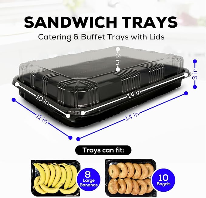 5 Pack Catering Trays with Lids – 15" Serving Tray with Lid, Heavy Duty Recyclable Plastic Party Platters for Catering, Buffet, Picnics & Events – Food Trays with Clear Lid (15.35 × 11.42 × 2.95 inch)