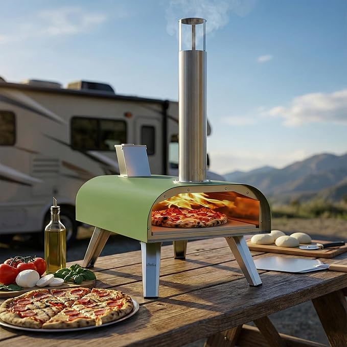 BIG HORN 12" Multi-Fuel Outdoor Pizza Oven – 3-in-1 Wood-Fired, Gas & Electric Compatible (Burners Sold Separately), Pellet Pizza Oven Portable Pizza Maker for Backyard, Camping & Tailgating, Green