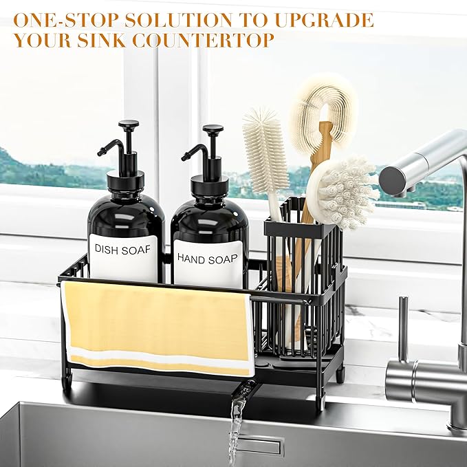 Kitchen Soap Dispenser Set with Sponge Holder and Towel Rack, 17OZ Glass Bottle, Hand and Dish Soap Dispenser Set, Non-Slip Silicone Pad, Brush Holder, Kitchen Sink Caddy Organizer Countertop (Black)