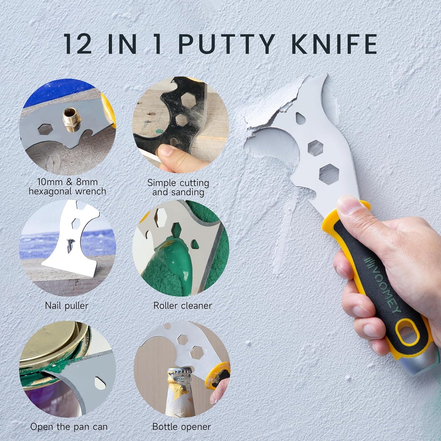 Voomey Putty Knife Set 3 Pack, Stainless Steel Paint Scraper and Spackle Knife Drywall Tools for Wallpaper Removal, Drywall Repair, and Painting Projects
