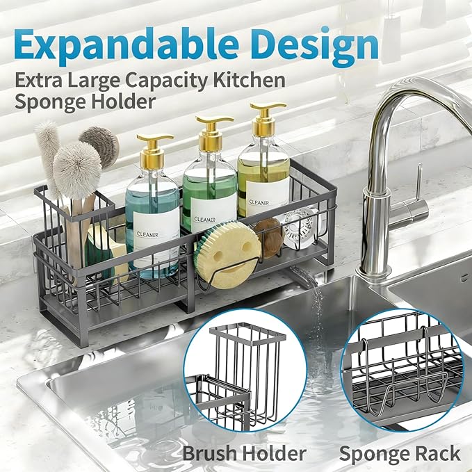 Extra Large Extendable Sponge Holder for Kitchen Sink, Rustproof Sink Caddy Organizer with High Brush Holder, Dish Soap Dispenser Organizers and Storage (Gray)