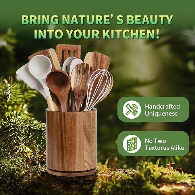 Wooden Utensil Holder, 360°Rotating 7.3'' Large Utensil Holder for Kitchen Counter, Kitchen Utensil Organizer, Utensil Crock, Farmhouse Kitchens Countertop Decor, Acacia Wood