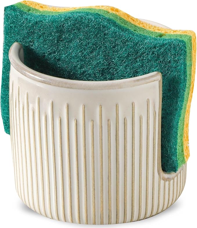 Ceramic Sponge Holder for Kitchen Sink, Scrub Sponge Dish Rack, Farmhouse Compact Sink Caddy Organizer, Glazed White