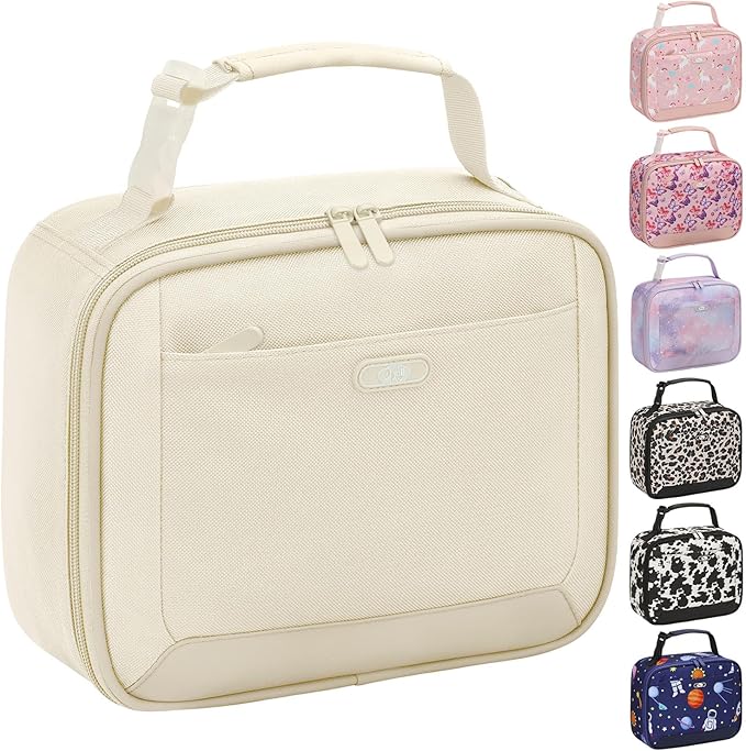 Lunch Box Kids Insulated Lunch Bag for Boys Girls Cute Reusable Lunch Tote Bag Waterproof Portable Thermal Lunch Box Kids for School Picnic Travel Beige
