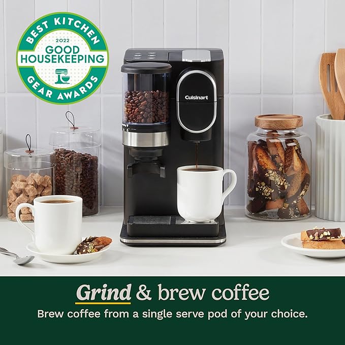 Cuisinart Single-Serve Coffee Maker + Coffee Grinder with 8, 10, and 12 oz. Serving Size, Compatible with Single-Cup Pods, 48-Ounce Removable Reservoir, Stainless Steel, DGB-2SS