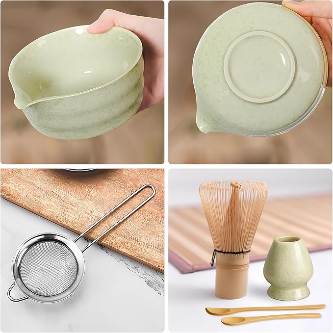 NEKOLA Matcha Whisk Set (7Pcs) Matcha Bowl, Bamboo Whisk, Whisk Holder, Spoon & Scoop, Sifter & Tea Towel Tea Making Ceremony Kit for Matcha Lovers Unique Gifts for Women,Men & Girlfriend