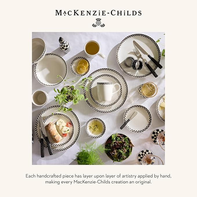 MACKENZIE-CHILDS Set of 4 Everyday Lunch Plates, Microwave-Safe and Dishwasher-Safe Stoneware Plates, Black-and-White Courtly Check
