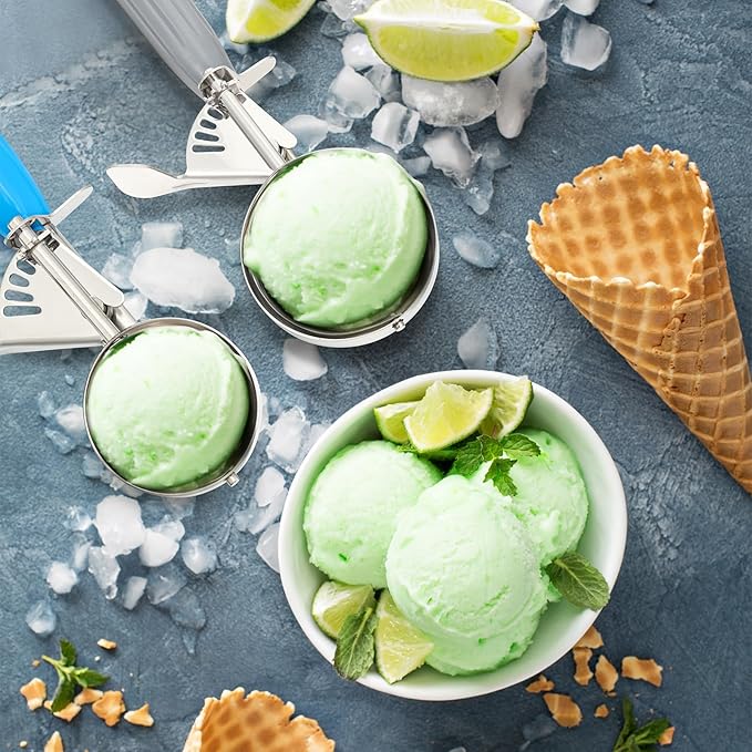 Reallnaive 2 Pcs Release Cookie Scoops Ice Cream Scooper with Trigger Release Portion Scoop Stainless Steel for Portion Control, Baking Food, Cookie Dough (2 Oz+4 oz,Blue and Gray)