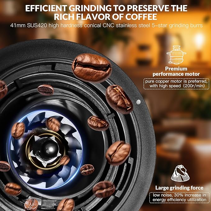 Coffee Grinder Electric, Rechargeable Cordless Stainless Steel Conical Burr Coffee Bean Grinder with Air Blower, 60 Grind Settings, Anti-Static, Compact & Quiet for Home, Office, Camping Use