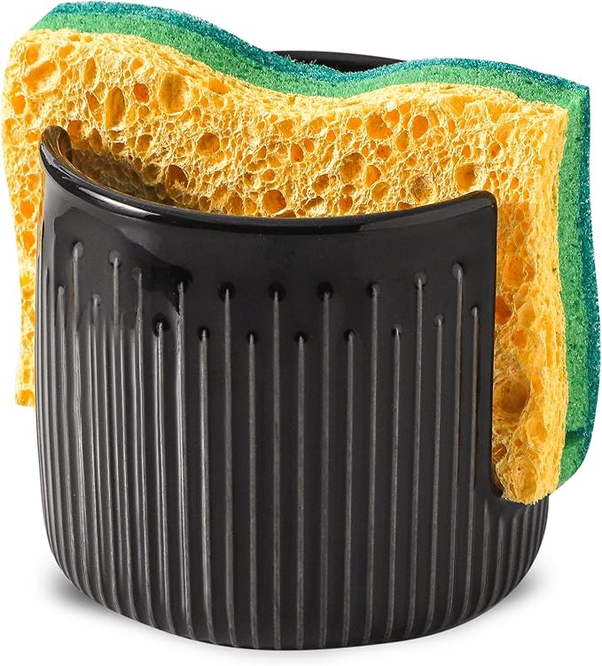 Ceramic Sponge Holder for Kitchen Sink, Scrub Sponge Dish Rack, Farmhouse Compact Sink Caddy Organizer, Black