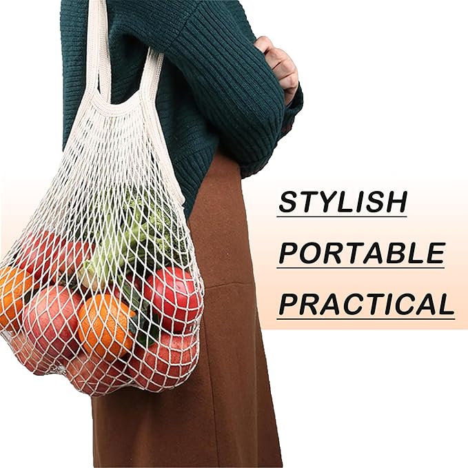 2 Pack Reusable Produce Bags | Mesh Net Washable Long Cotton String Handles for Fruits & Vegetables - Eco-Friendly Breathable Grocery Storage Solution