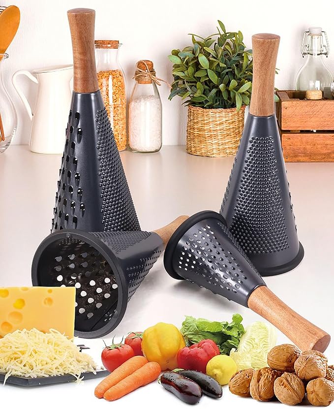 Cone Cheese Grater with Handle Stainless Steel Grater Triple Function Wood Handle Shredder Non-Slip Rubber Bottom Hand Held Multifunction Vegetables Grater Black 4-Size (Size XL:11.8" X 5.1" Black)