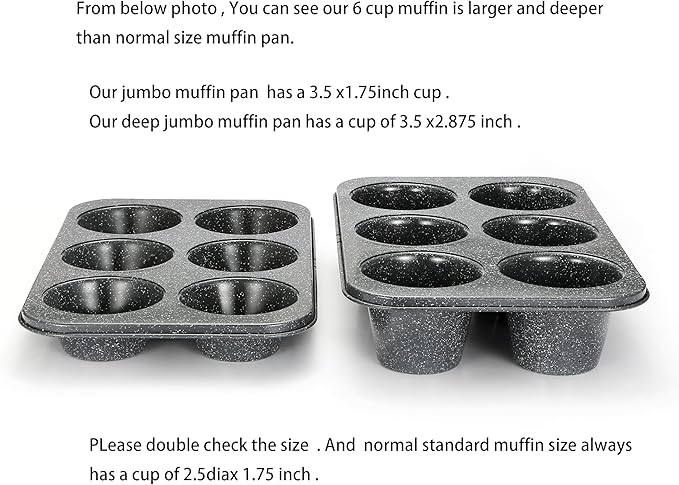 Monfish Jumbo Deep Muffin pan 6 cup large cupcake pan gray granite finish Carbon steel muffin tin 3.5x3inch cup (deep 6 cup)