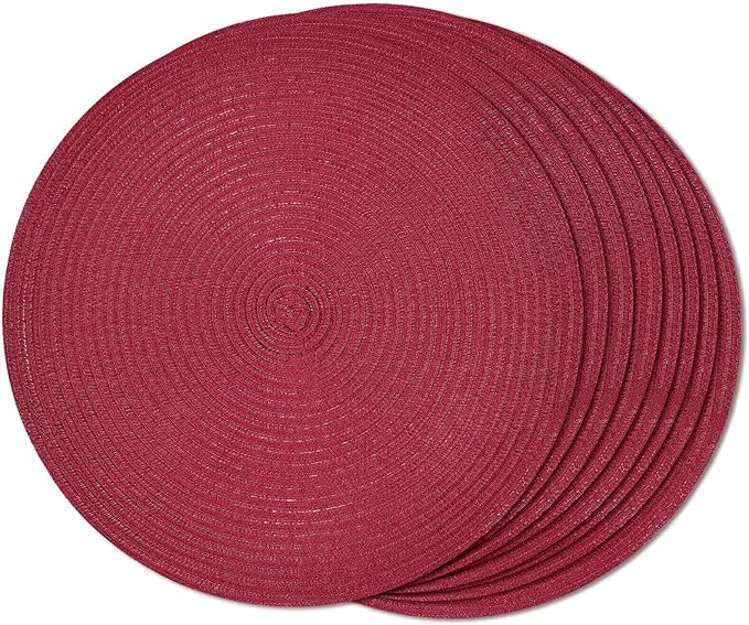 FunWheat Round Braided Placemats Set of 8 Place mats for Dining Tables Woven Heat Resistant Table Mats 15 inch (Wine,8pcs)
