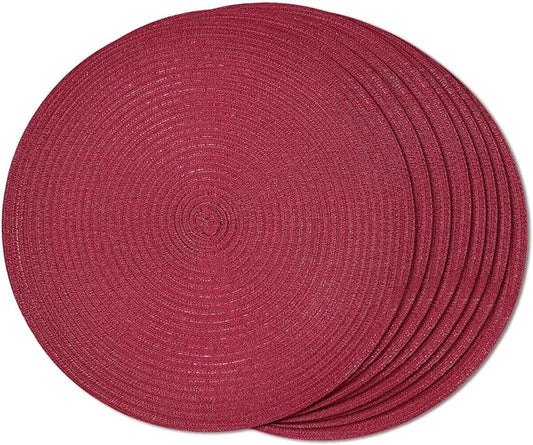 FunWheat Round Braided Placemats Set of 8 Place mats for Dining Tables Woven Heat Resistant Table Mats 15 inch (Wine,8pcs)