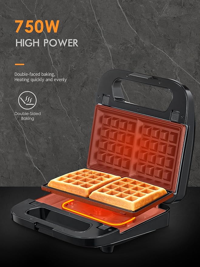 Reemix 3-in-1 Waffle, Grill & Sandwich Maker, Panini Press Grill and Waffle Iron Set with Removable Non-Stick Plates, Perfect for Grilled Cheese, Tuna Melts, Burgers, Steaks (Black, Stainless steel)