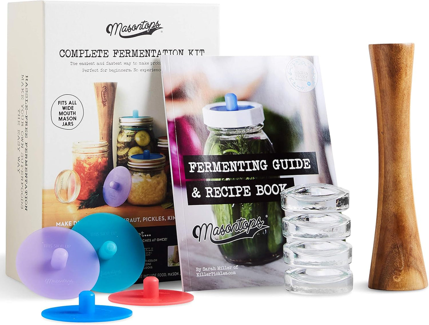 Masontops Complete Mason Jar Fermentation Kit - Pickle Kit, Sauerkraut Making Kit Kimchi Container - Fermentation Airlock Lids Wide Mouth Mason Jars