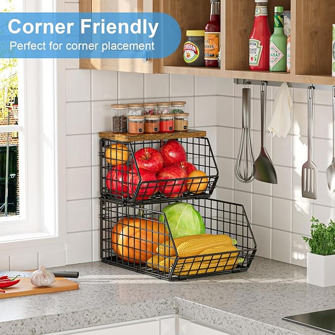 X-cosrack Stackable Wire Baskets for Counter, Fruit and Vegetable Storage, Potato and Onion Storage Bin，Kitchen Pantry Organizer - Wall Basket for Produce/Snack/Can, Large with Wood Top, Black