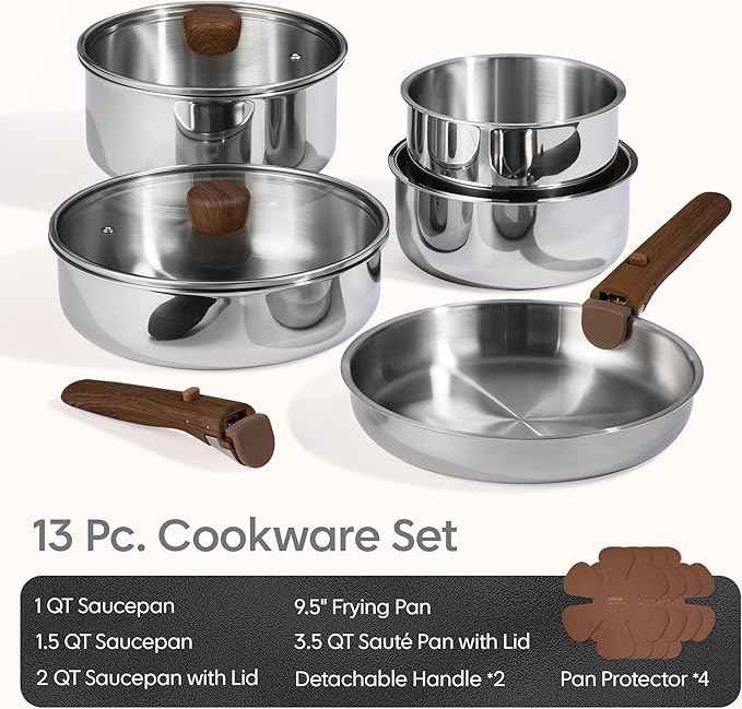CAROTE 13pcs Tri-Ply Stainless Steel Cookware Set with Detachable Handle, Pots and Pans Set, Induction Kitchen Cooking Sets, RV/Camping Cookware, Oven Safe, Woodgrain Style