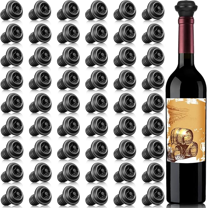 Honoson 60 Pieces Wine Stopper Silicone Resealable Pump Vacuum Saver Practical for Kitchen Supplies Bottle Tools (Black)