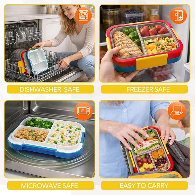 EASYFUN Bento Box Adult, Lunch Box, 3-Compartment Lunch Containers, Drop-Proof, Dishwasher Safe & Made with BPA-Free Materials (Red blue)