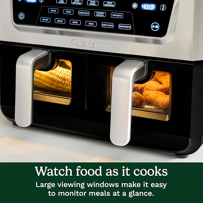 Cuisinart Dual Basket Air Fryer, Two Baskets 11 Qt in Total, 6 Functions: Air Fry, Roast, Bake, Broil, Dehydrate & Keep Warm, Features Sync Finish & Sync Settings, Toss Reminder & Auto-Pause, ADZ-112