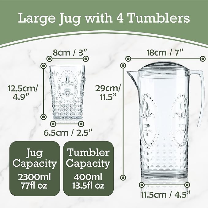 Muldale Plastic Pitcher and Glasses Set with Lid - BPA Free Large Acrylic Jug Set of 5 - Outdoor Water Pitcher Set - Jarra Para Jugo - 77oz Sangria Pitchers