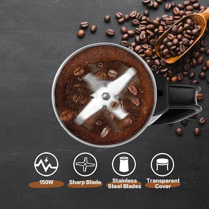 Electric Coffee Grinder & Spice Grinder, 150W Fast Grinding with Stainless Steel Blades | for Coffee Beans, Spices, Seeds, Herbs | Dry Food Mill | Mini Kitchen Grinder (With handle)