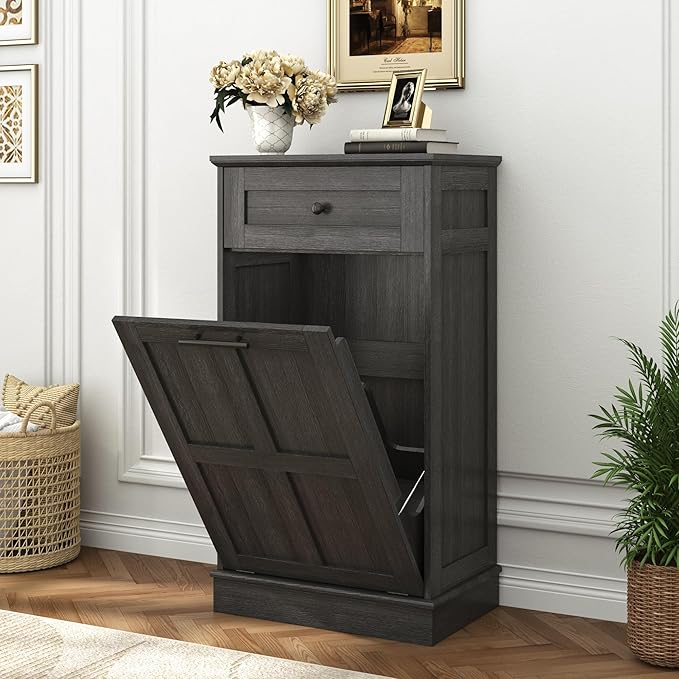 chartustriable Farmhouse Tilt-Out Trash Can Cabinet,13 Gallon Laundry Hamper with Drawers, Wooden Hidden Garbage Can Cabinet w/Storage for Kitchen & Living Room, Dark Grey