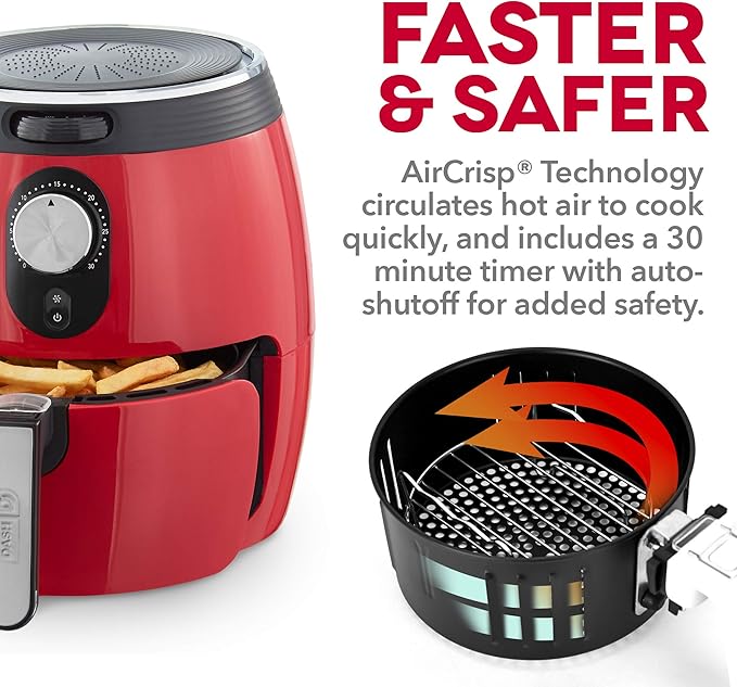 Dash Deluxe Air Fryer -Has AirCrisp® Technology - Adjustable Temperature Control & Auto Shut-Off Feature - Compact Nonstick Basket - 3 Quarts - Red