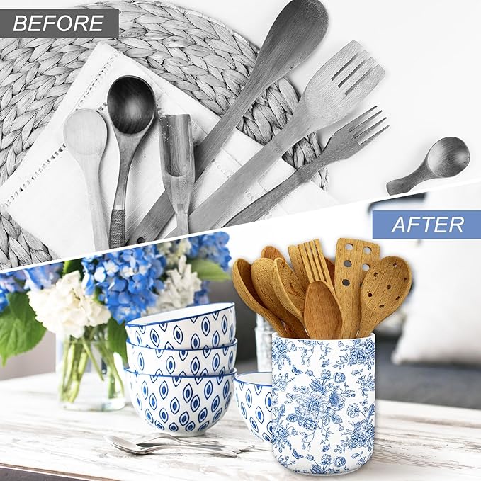 JarThenaAMCS Chinoiserie Floral Ceramic Utensil Holder Blue Flower Butterfly Utensil Crock for Home Kitchen Countertop Storage Organizer Container