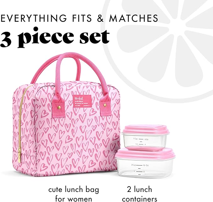 Fit & Fresh Bloomington Lunch Bag for Women - Insulated Large Lunch Box for Work with Containers, Leak-Resistant, Stain-Resistant, Zipper Closure, Pink Doodle Hearts
