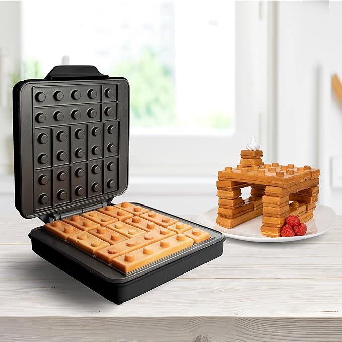 Building Brick Electric Waffle Maker- BLACK with 2 Construction Eating Plates- Cook Fun Shaped Waffles Pancakes like Houses, Cars & More- Stack & Build Creations on Serving Dishes, Morning Activity