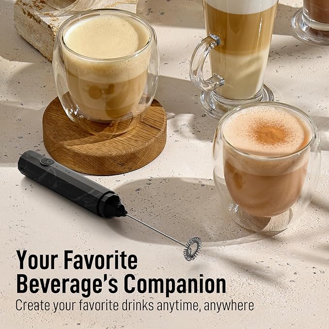 Zulay Froth N Go Milk Frother – Rechargeable 3-in-1 Handheld Frother Wand with Travel Case & USB-C Charger – Single, Double & Egg Whisk for Latte, Cappuccino, Matcha, Protein Shakes – Black Marble