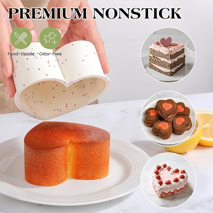 4 Inch Mini Heart Shaped Cake Pans Nonstick Silicone Heart Cake Molds for Baking Set of 3 (Cream)
