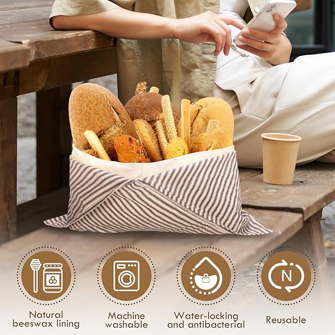 yeload 2 Pack Beeswax Bread Bags, Striped Linen Bento Bags, 14" Cotton Loaf Bag, Reusable Organic Food Storage, Sourdough Bag, Rustic Farmhouse Azuma Bukuro Origami Wrap for Baked Gifts (Red, 2)