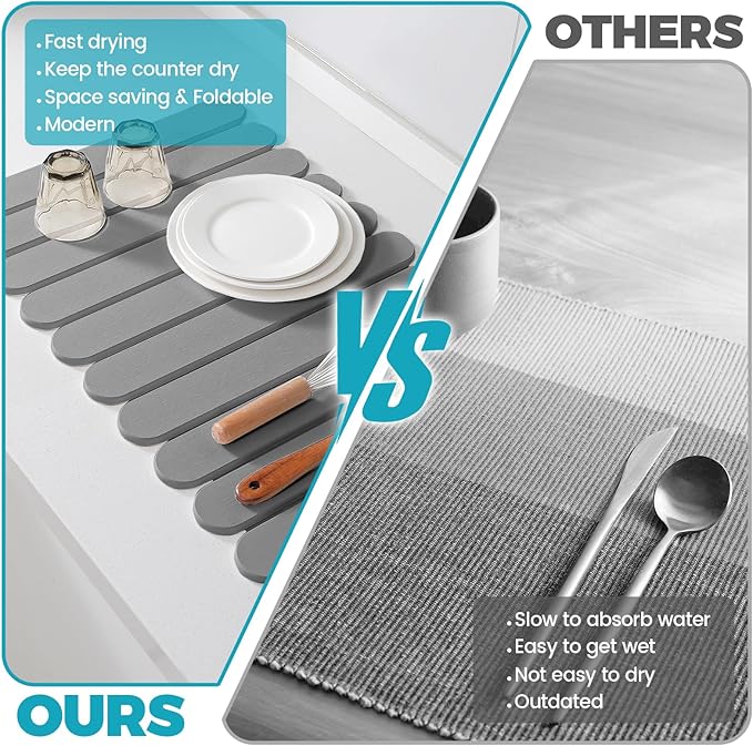 Extral Large Quick Dry Stone Drying Mat for Kitchen Counter,24"(L)x16"(W) Collapsible Eco-Friendly Absorbent Diatomaceous Earth Mat for Dishes Cups,Dish Drying Mats (Medium gray-Ellipse, 24x16 inch)