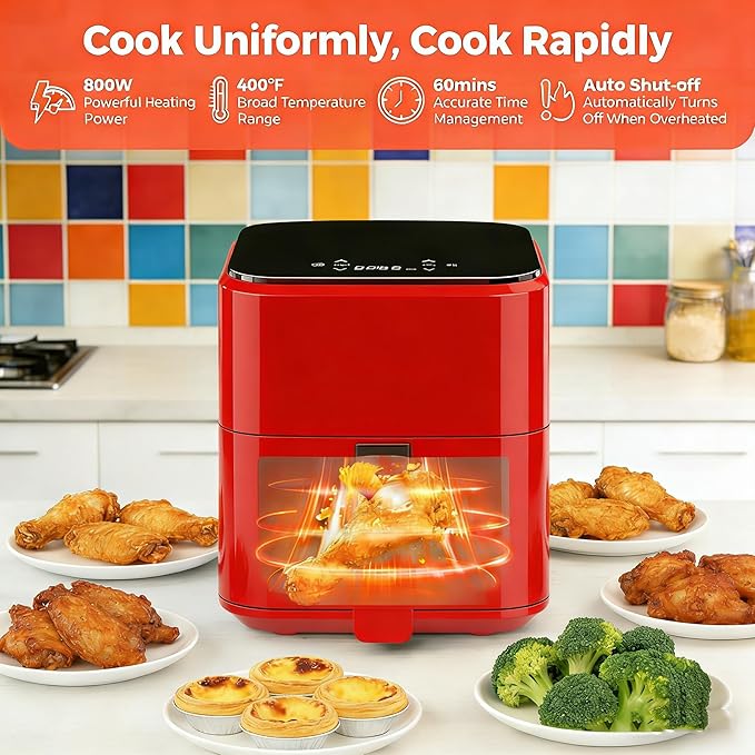 HealSmart 3.17 Qt Compact Air Fryer, 8-in-1 Digital Small AirFryer with 400°F, Nonstick Dishwasher-Safe Basket, Auto Shutoff, Overheat Protection, for Quick Healthy Meals, Red