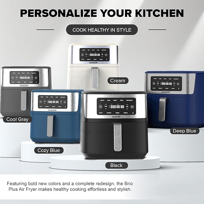 Nuwave Brio Plus 6-in-1 Air Fryer, 7-Qt Large Capacity, 50°F–400°F Precise Temp Control, Non-Toxic PFAS-Free Nonstick, Air Fry, Bake, Roast, Toast, Dehydrate, Reheat, 100 Presets, Dishwasher Safe