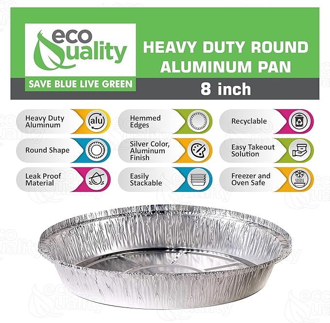 EcoQuality 8" Round Aluminum Foil Pans - Disposable Containers with Foldable Walls for Pie Baking, Cooking, Serving, Reheating, and Storing - Freezer and Oven Safe Tart Pan 100 Pack