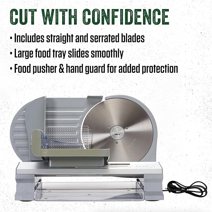 LEM Products 8 ½ Inch Aluminum Electric Meat Slicer Machine, Includes Two Stainless Steel Blades, Serrated and Fine, Silver