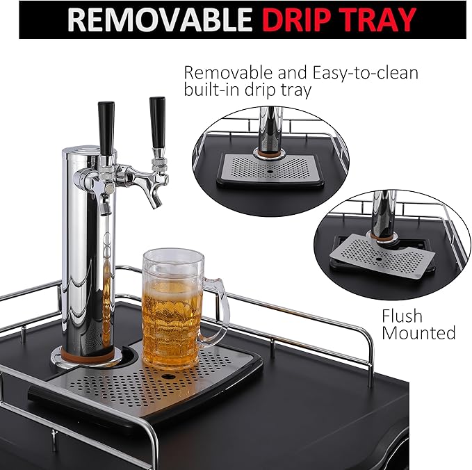 Beer Kegerator, Dual Tap Draft Beer Dispenser, Full Size Kegerator and Keg Beer Cooler With Shelves & Drip Tray & 4 Casters, Stainless Steel Keg Dispenser, 32°F- 50°F Temperature Control, 170L