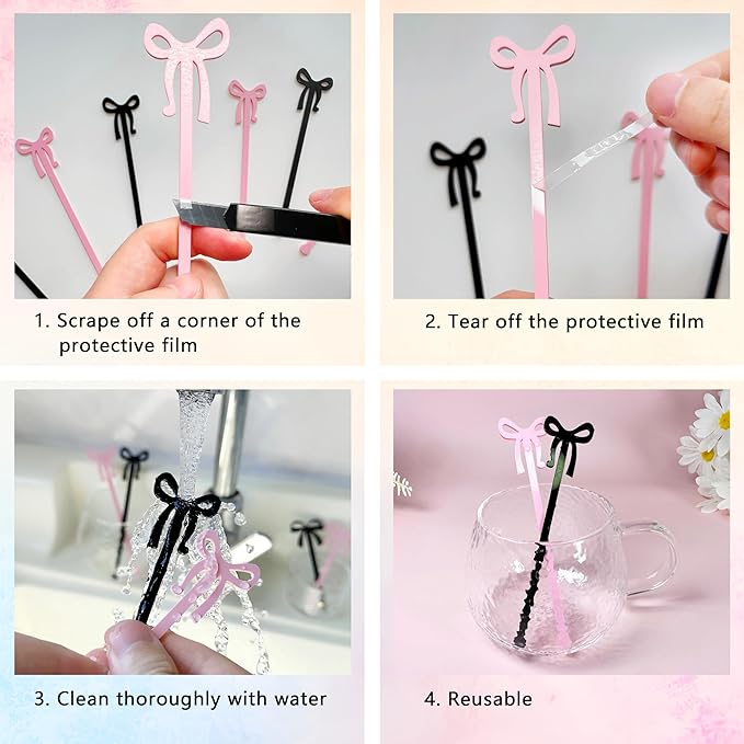 Pink Bow Drink Stirrers 20PCS Acrylic Coffee Stir Sticks for Shirley Temple Bar Supplies Coquette Birthday Party Decorations Wedding Accessories (Pink)
