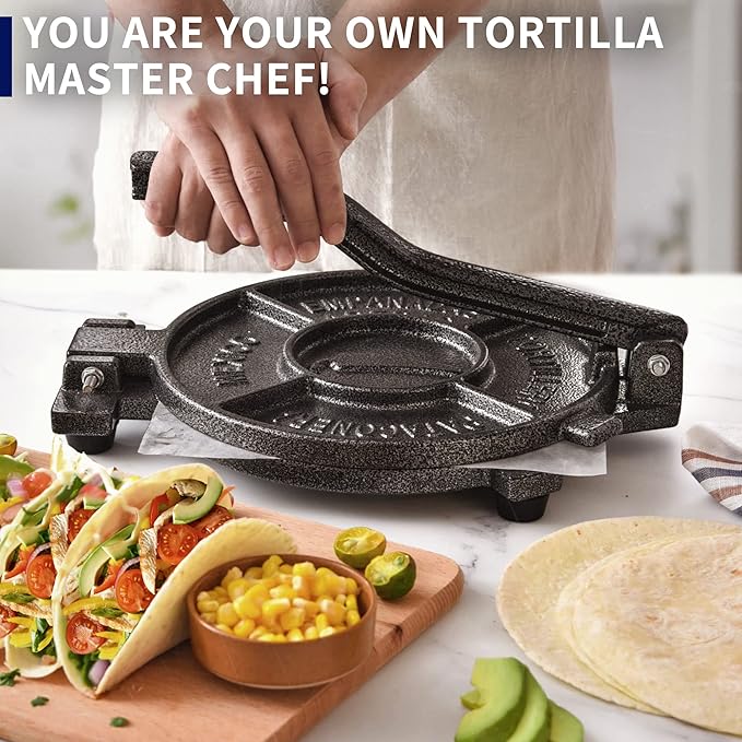 ARC Tortilla Press 10.4" Include 100 Pcs Parchment Paper, Cast Iron Tortilla Maker, Black Gray